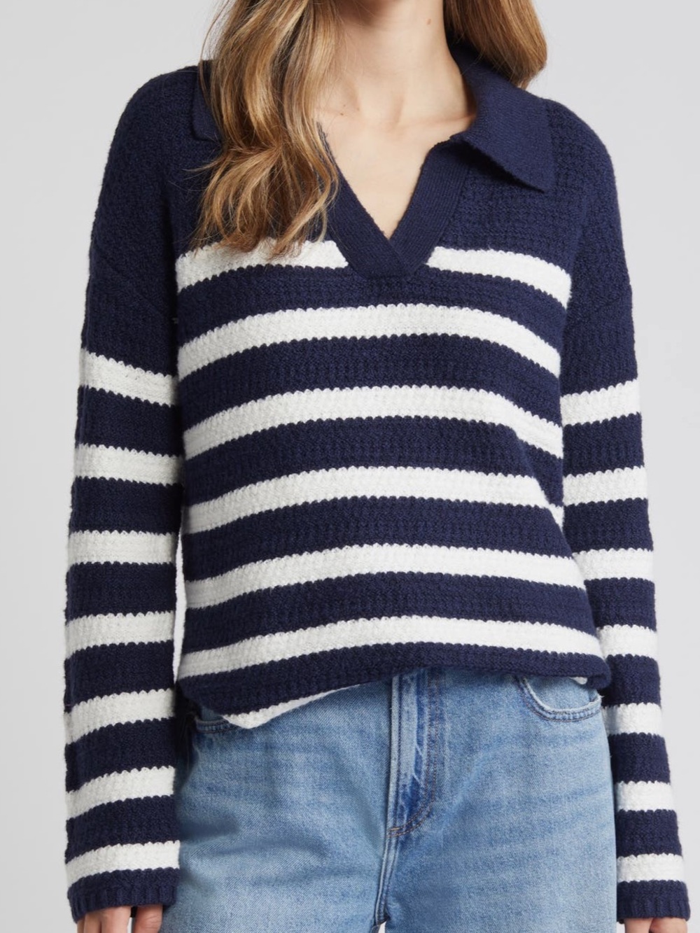 Caslon Textured Polo Sweater Navy White Striped V-Neck Knit Womens XS